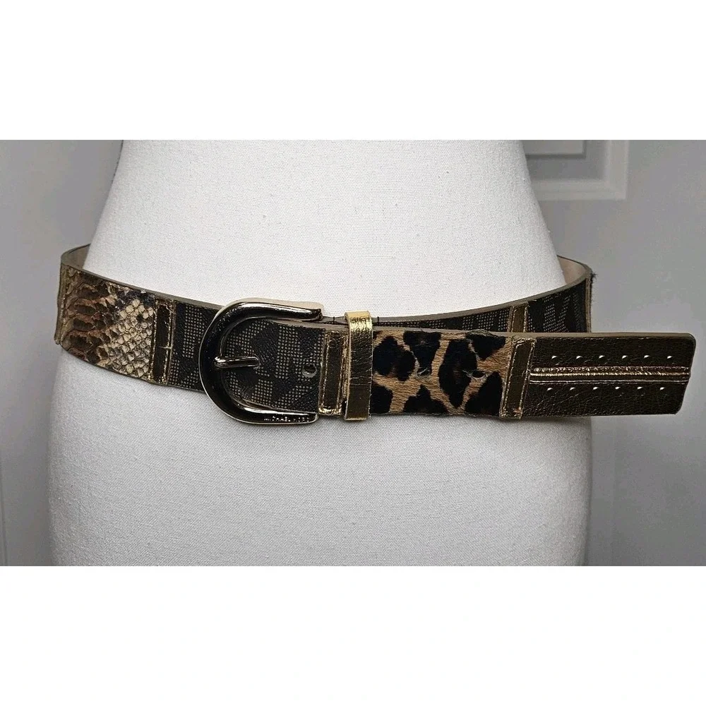 Michael Kors Womens Leather Belt Multi Texture MK Logo Animal Print Medium Gold‎